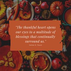 thanksgiving quote with pumpkins, apples and other autumn foods