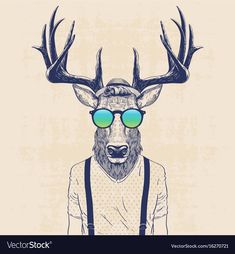 deer with glasses on it's head, wearing suspenders and t - shirt