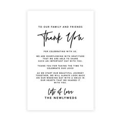 a white thank card with the words, to our family and friends that you are celebrating with us