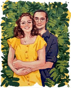 a man and woman standing next to each other in front of green plants with stars on them