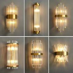 four different views of a wall light that is made out of glass and gold plating