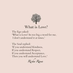 a poem written in black on a pink background with an image of a tree and the words, what is love?