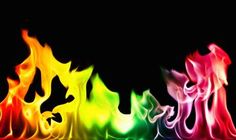 four different colors of fire on a black background