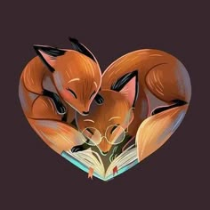 two foxes in the shape of a heart reading a book with their tails curled up