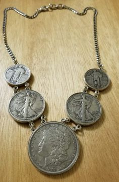 Old vintage American coins create an unusual statement necklace! #coins #vintage #reuse #repurpose #fashion Antique Coin Jewelry From Vintage Collection, Antique Coin Jewelry For Vintage Collection, Collectible Vintage Jewelry With Coin Pendant, Vintage Collectible Jewelry With Coin Pendant, Vintage Jewelry With Coin Pendant For Collectors, Vintage Collectible Coin Pendant Jewelry, Vintage Coin Necklaces, Antique Sterling Silver Coin Necklace, Antique Sterling Silver Medallion Coin Necklace