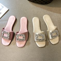 Cleo Rhinestone Embellishment Satin Slippers - 6 Colors Fairy Slippers, Shoes Slides, Summer Sandals Flat, Fashion Slides, Fairy Style, Style Français, Slippers Summer, Elegant Sandals, Rhinestone Flats