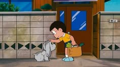 a cartoon boy holding a bag with a dog in front of him