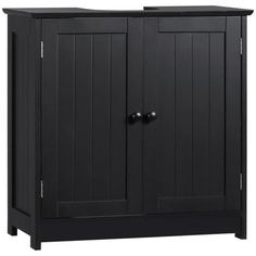 a black cabinet with two doors and drawers