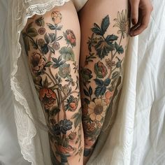 Exquisite Leg Tattoos For Women Tattoo Outlines Millenial Tattoo Ideas, Fairy Leg Sleeve Tattoo, Pretty Gothic Tattoos, Half Sleeve Nature Tattoos For Women, Nature Stomach Tattoos, Full Body Floral Tattoo, Leg Plant Tattoo, Femur Tattoo, Leg Tatoos Woman