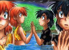 three children standing in the water with their hands together