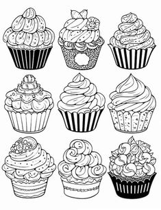 twelve cupcakes with different toppings coloring pages for kids and adults to color