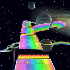 an image of a space station with planets in the background and rainbow colors on it