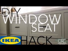 a kitchen with the words diy window seat hack in front of it and an image of