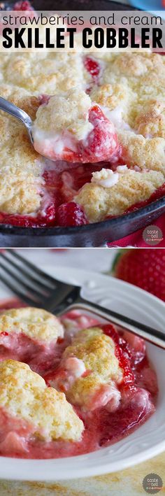 strawberry cobbler skillet cobble recipe with fresh strawberries and cream on top