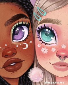 two girls with their faces painted like stars and moon