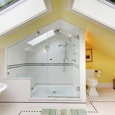 an attic bathroom with skylights and a walk in shower