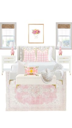 a bedroom with pink and white decor on the walls, bedding, rugs, pillows