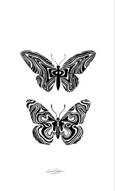 two black and white butterflies with swirls on their wings, one in the shape of a butterfly