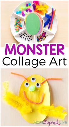 the monster collage art project for kids to make with paper plates and construction materials