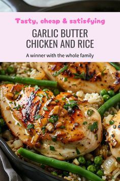 grilled chicken and rice with green beans in a skillet