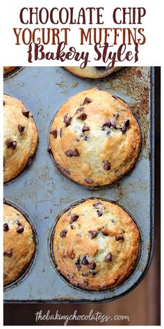 chocolate chip yogurt muffins in a baking pan with text overlay