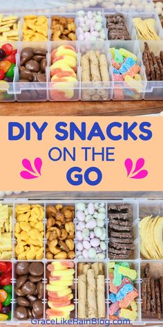 two plastic containers filled with snacks on top of a wooden table next to an orange sign that says diy snacks on the go