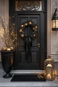 Elegant entryway with black gold and silver Christmas decor wreath lantern and black and gold Christmas party decor Elegant Entryway Ideas Luxury, Black And Gold Christmas Party, Black And Gold Christmas Decor, Gold Christmas Decor Ideas, Gold Christmas Party, Black And Gold Christmas, Gold Christmas Decor, Wrought Iron Door, Christmas Party Decor