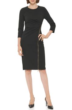 Layer and accessorize this smart sheath dress however you want for a look that easily switches from the 9-to-5 to after-hours-ready in seconds. 40 1/2" length Hidden back-zip closure Jewel neck Three-quarter sleeves Unlined 96% polyester, 4% spandex Dry clean Imported Calvin Klein Sheath Bodycon Dress For Work, Calvin Klein Knee-length Work Dresses, Calvin Klein Sheath Bodycon Dress, Calvin Klein Lined Sheath Dress, Calvin Klein Bodycon Sheath Midi Dress, Concert Looks, Preppy Look, Daytime Dresses, Sweaters And Leggings