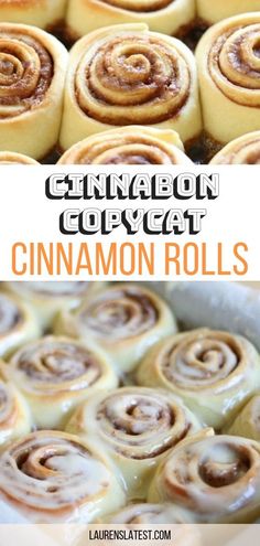 cinnamon rolls in a pan with text overlay