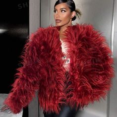 Super Cute And Stylish Ships In 5-10 Business Days Fitted Fur Coat For Fall Party, Glamorous Fur Coat For Fall Party, Glamorous Fall Party Fur Coat, Faux Fur Outerwear For Fall Party, Trendy Fall Party Fur Coat, Fitted Burgundy Outerwear For Party, Fitted Burgundy Party Outerwear, Burgundy Long Sleeve Outerwear For Party, Red Faux Fur Outerwear For Fall