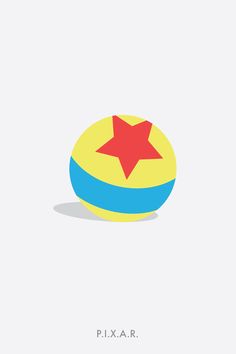 a yellow and blue ball with a red star on it's side, against a white background