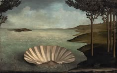 an image of a seashell in the middle of water with trees and land around it