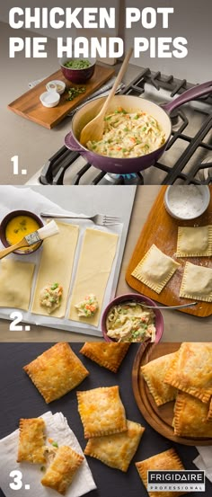 chicken pot pies are being prepared on the stove top and ready to be eaten