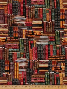 a ruler with books on it in front of a wallpapered bookcase pattern