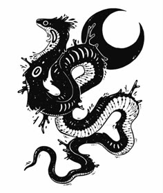 a black and white drawing of a dragon with the moon in the sky behind it