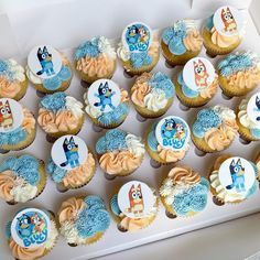 bluey cupcakes Bluey Birthday Cake And Cupcakes, Bluey Birthday Jello, Bluey Birthday Party Simple, Bluey Themed Desserts, Bluey 6th Birthday Party For Girl, Bluey First Birthday Party Ideas Girl, 3rd Bluey Birthday Party, Easy Bluey Cupcakes, Bluey Themed Birthday Party Girl