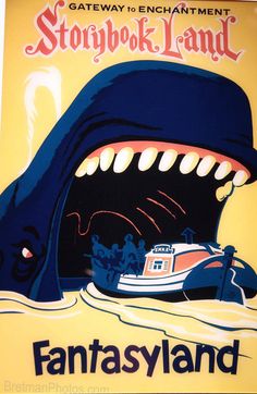 an advertisement for a seafood restaurant with a shark coming out of the mouth and boats in the water