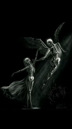 two skeletons dancing in the dark with their arms around each other and wings spread out