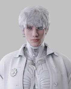 a woman with white hair and glasses on her face is wearing futuristic clothing, looking at the camera