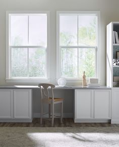 a kitchen with two windows and a desk in front of the window is white, there are bookshelves on either side of the counter