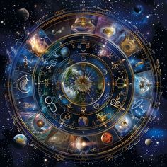 an astro wheel surrounded by planets and stars in the night sky, with multiple zodiac signs on it