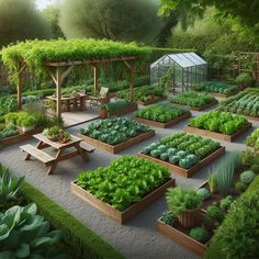 a garden filled with lots of green plants next to a wooden bench and table surrounded by greenery