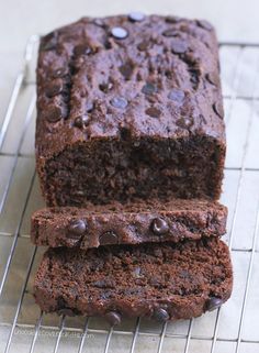 two slices of chocolate banana bread on a cooling rack