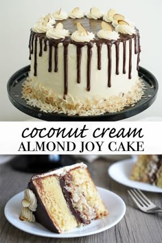 there is a cake with chocolate icing and coconut cream on the top, along with other desserts