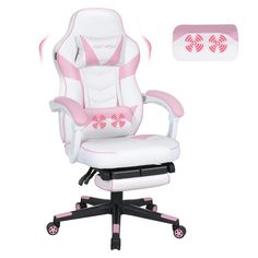 a white and pink office chair next to a mousepad with the word love on it