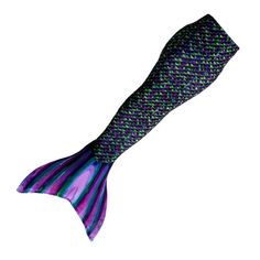 a purple and green fish tail with black stripes on the bottom, sitting in front of a white background