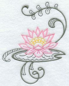 a pink flower is sitting in the middle of a white piece of cloth with an intricate design on it