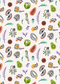 an image of a pattern with fruits and vegetables on it in pastel colors,