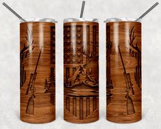 two wooden tumblers with the same design on them, one has an american flag