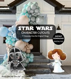 the star wars character cutouts are on display in front of a house with balloons